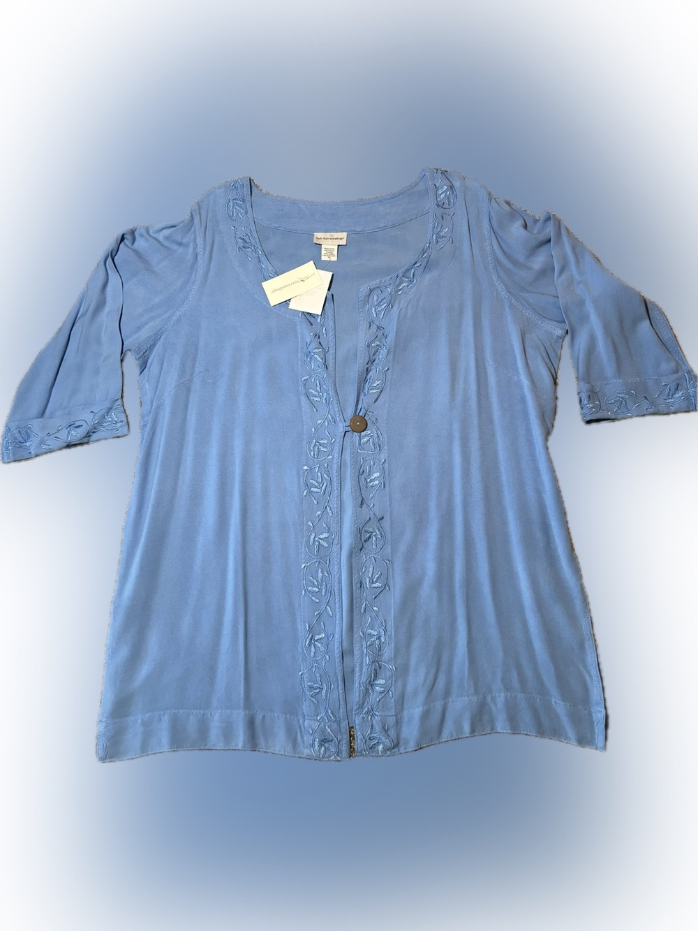 251 Soft Surroundings Light Blue Embroidered Top, Size 1X, NWT